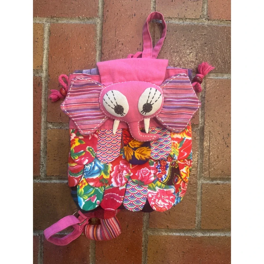 Kids Pink Elephant Patchwork Backpack Boho Floral Striped Drawstring Bag